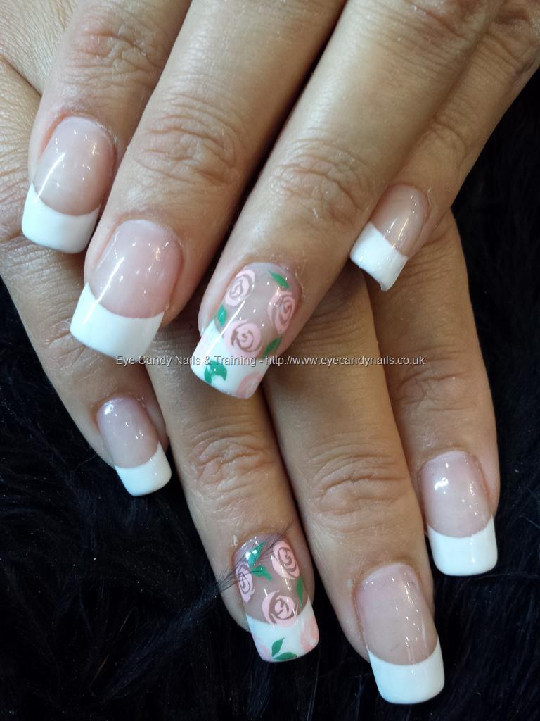 Eye Candy Nails & Training - White gel polish with pink freehand rose ...