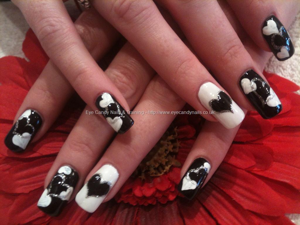 Black and white heart freehand nail art NailArt Nails